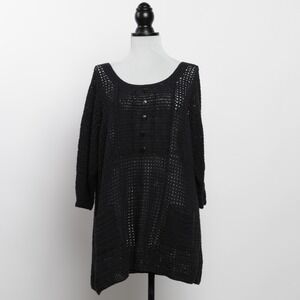 Denim 24/7 Black Crochet Button Front 3/4 Sleeve Tunic Top Plus Size 1X